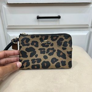 COACH Genuine Leather Leopard Print Corner Zip Wristlet Wallet